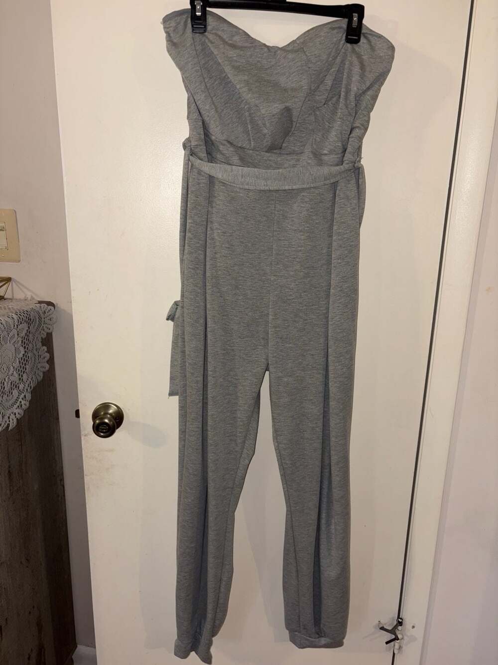Fashion Nova Gray Strapless Jumpsuit With Belt And Cuffed Hem